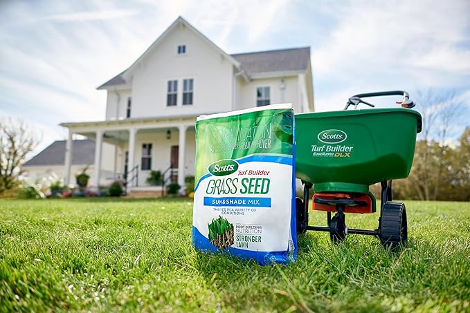 Scotts Turf Builder Grass Seed Sun and Shade Mix with Fertilizer and Soil Improver, Thrives in Many Conditions, 16 lbs.