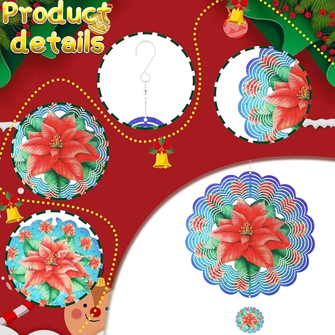 Wind Spinners Outdoor Christmas Poinsettia - Birthday Gifts for Women Mom Grandma, Hanging Wind Sculptures 12 inch 3D Wind Spinner for Garden Decor for Outside, Garden, Patio, Yard, Outdoor（Red
