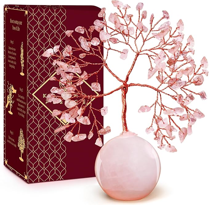 KARMAPLEDGE Rose Quartz Crystal Tree of Life Gifts for Women, Office Decor, Healing Crystal and Stones Chakra Tree for Positive Energy, Reiki Healing, Meditation, Good Luck, Spiritual, Birthday Gifts