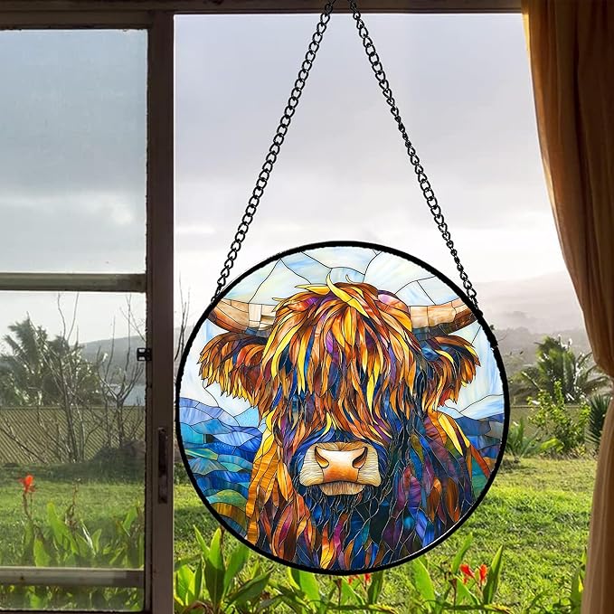 Stained Glass Window Hanging - Highland Cattle Suncatcher for Door Terrace Garden Home Decor Western Style Brown Cow Sun Catcher Birthday Gifts for Lovers Women Men Dad Mom Nana 11.8 in