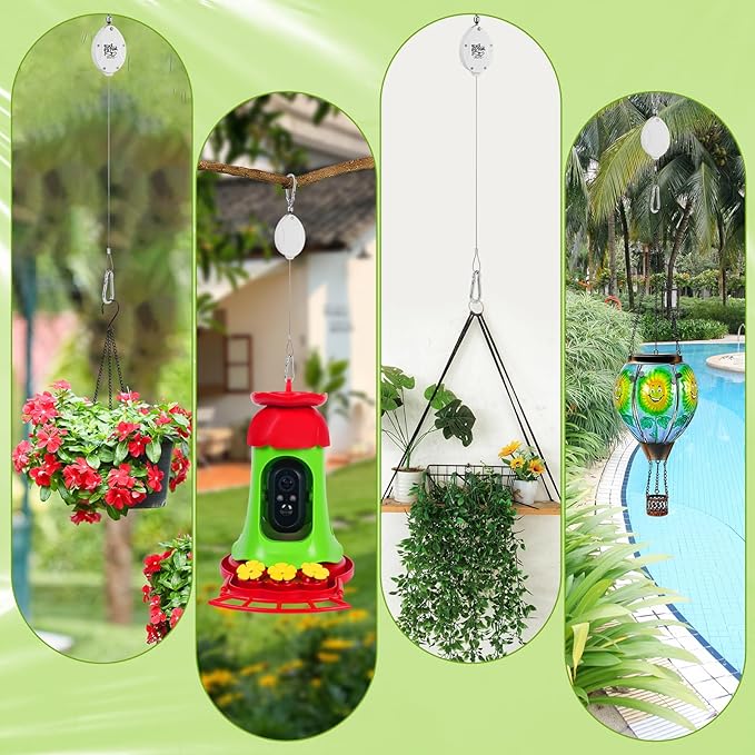 Plant Pulleys for Hanging Plants, Heavy Duty Retractable Hangers, 304 Stainless Steel Rope, Auto Plant Holder, Adjustable Climbing Hook for Garden Baskets Watering, or Bird Feeders (White-4)