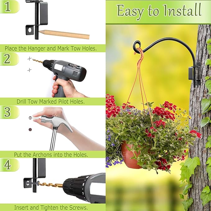 Qiang Ni Swivel Plant Hanger - 16 Inch 30 lbs Capacity Anti-Rust Metal Wall Mount Hook with Mounting Screws - for Indoor Outdoor Hanging Bird Feeders, Flower Baskets, Wind Chimes, Lanterns
