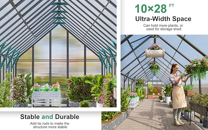 CDCASA 28x10x10 FT Greenhouse for Outdoors, Easy Assembly Large Thicker Aluminum Heavy Duty Polycarbonate Greenhouses Kit w/6 Windows, Outside Sunroom Walk-in Green House for Patio,Backyard
