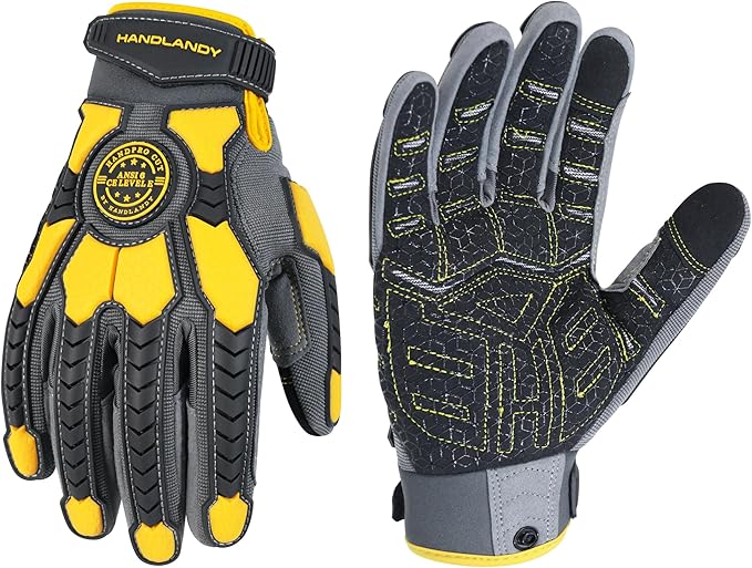HANDLANDY Anti Vibration Gloves, SBR Padding, TPR Protector, Mechanic Work Gloves (Large, Black)