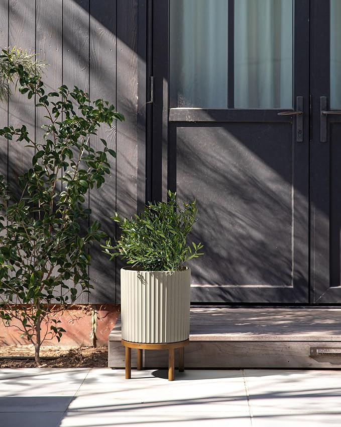 Veradek Demi Series Round Planter w/ Stand for Porch/Patio | Durable Plastic-Concrete & Wooden Stand | Modern Décor for Tall Plants, Flowers