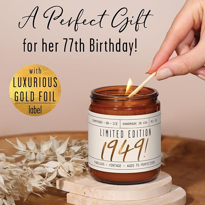 77th Birthday Gifts for Women - 'Limited Edition 1949' Soy Candle, w/Champagne on Ice I 77th Birthday Gift for Her Ideas I 9oz Reusable Jar, 50Hr Burn, Made in USA