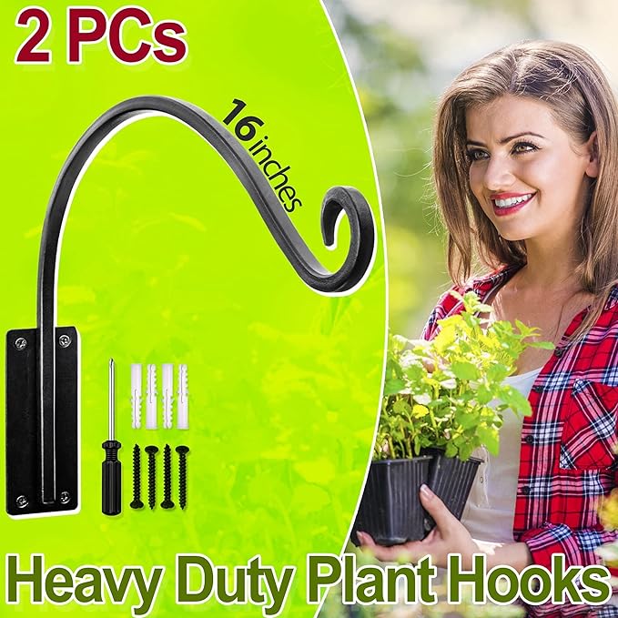 AJART Hanging Plant Hanger Outdoor: 2 Pieces Bird Feeder Wall Hooks - 16-Inch Heavy-Duty Plant Bracket Hook for Hanging Flower Baskets