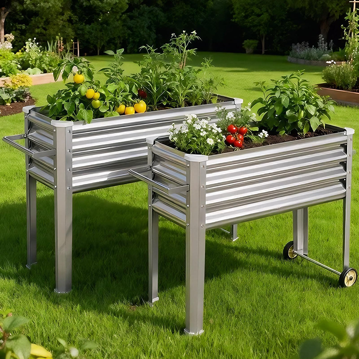 Land Guard 2 Pack Galvanized Raised Garden Bed with Legs & Wheels, 48×18×32in Metal Elevated Raised Planter Box for Backyard, Patio, Balcony, 500lb Capacity, Silver