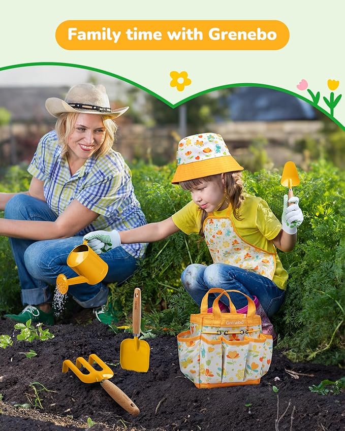 Grenebo Kids Gardening Set Toys,Includes Metal Trowel,Transplanting Shovel,Garden hat,Rake,Apron,Gloves,Watering Can,and Tool Organizer Bag (Yellow)