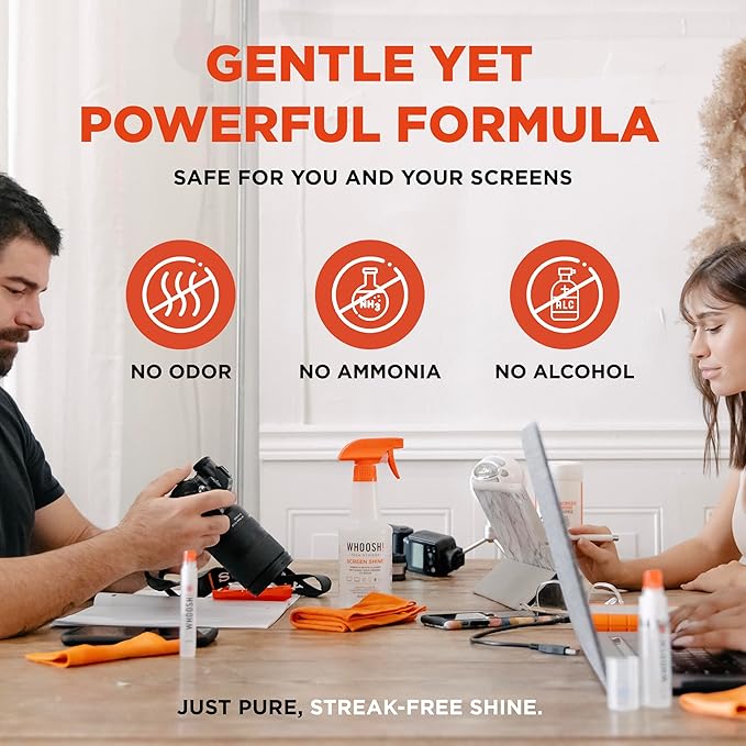 WHOOSH! Screen Shine Pro 16.9 fl oz Refillable Screen Cleaner for TV, OLED, and Monitors – Streak-Free Spray with Microfiber Cloth – Safe for Flat Screen, LCD, Smart Displays – Non-Toxic and Odorless