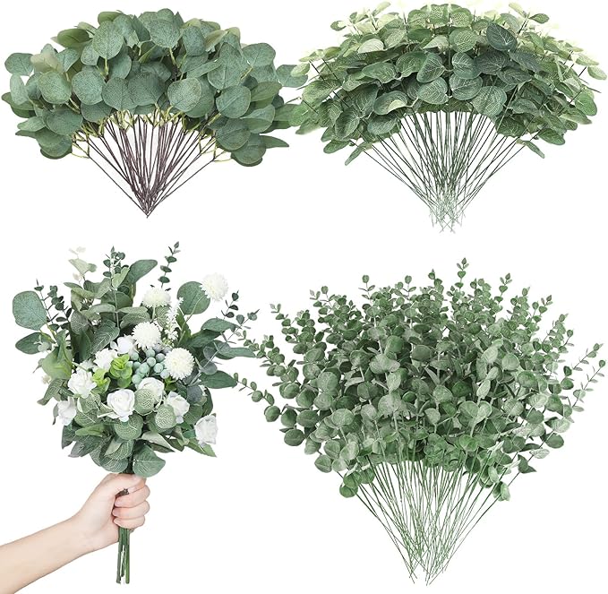 Giegxin 180 Pcs 3 Kinds Mixed Eucalyptus Leaves Stems Bulk Artificial Silver Dollar Leaves Picks Dried Eucalyptus Bundle Faux Spray for Wedding Vase Bouquet Floral Arrangement (Green)