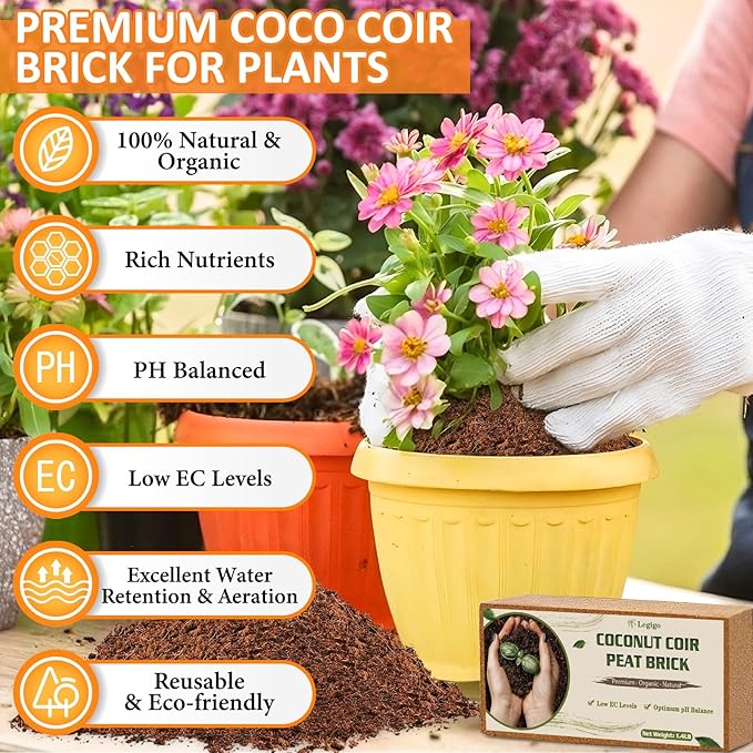 Legigo 4 Pack Premium Coco Coir Brick for Plants- 100% Organic Compressed Coconut Coir Bricks Starting Mix, Coco Coir Fiber Coconut Husk for Planting, Gardening, Potting Soil Substrate, Herbs