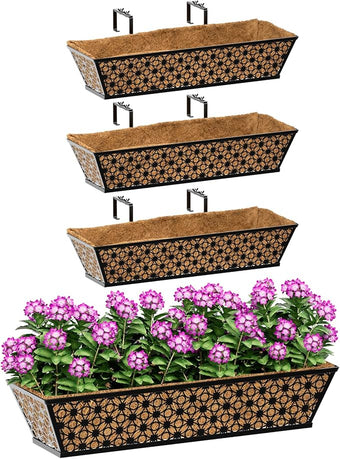 SPECILITE 24" Window Boxes Planters, Heavy Duty Metal Railing Planter Boxes, Adjustable Balcony Planters for Railing Hanging, with Coco Liner & Tool Set for Deck, Porch, and Patio Gardening (4 Pack)