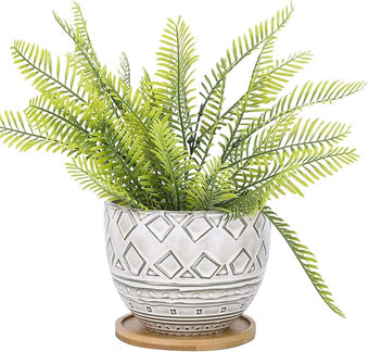 VanEnjoy 5.5 inch Large Round Bohemian Style Ceramic Planter, Geometry Engrave Off White Brown Succulent Planter Flower Pot - Indoor Outdoor Decorative Planter