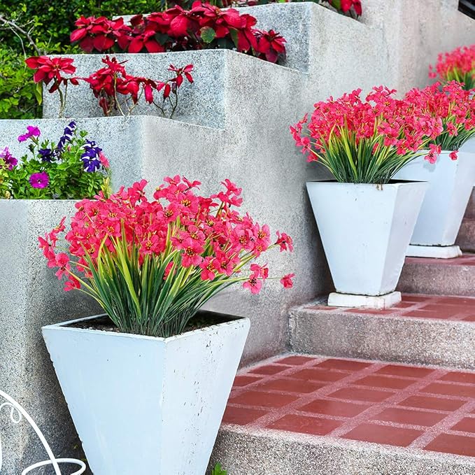 JEMONG 12 Bundles Artificial Flowers Outdoor UV Resistant Fake Flowers No Fade Faux Plastic Plants Garden Porch Window Box Decorating(Rose red)