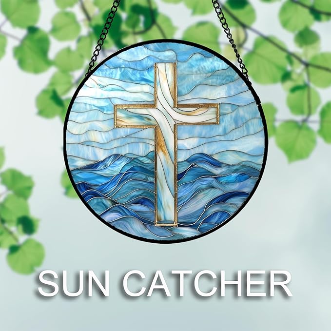 JOSUMALY Christian Gifts for Women - Blue Cross Stained Glass Window Hanging Jesus Easter Ocean Waves Sun Catcher Garden Religion Decor Mother's Day Catholic Gift for Men Grandma Mom Her Nana 6.3"