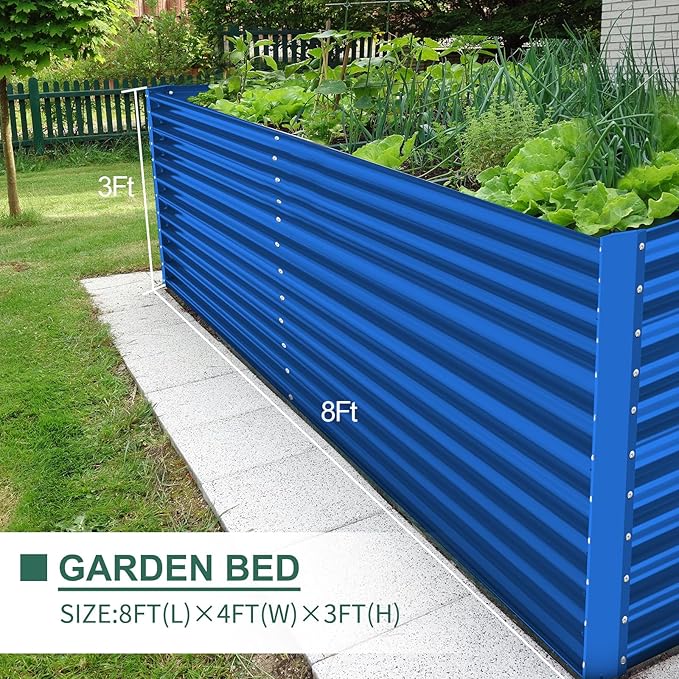 Land Guard 8x4x3ft Rectangular Galvanized Raised Garden Beds, Large-Capacity Metal Planter Box Outdoor, Durable Deep Raised Garden Bed 3ft Tall, Raised Beds for Gardening Vegetables, Royal Blue