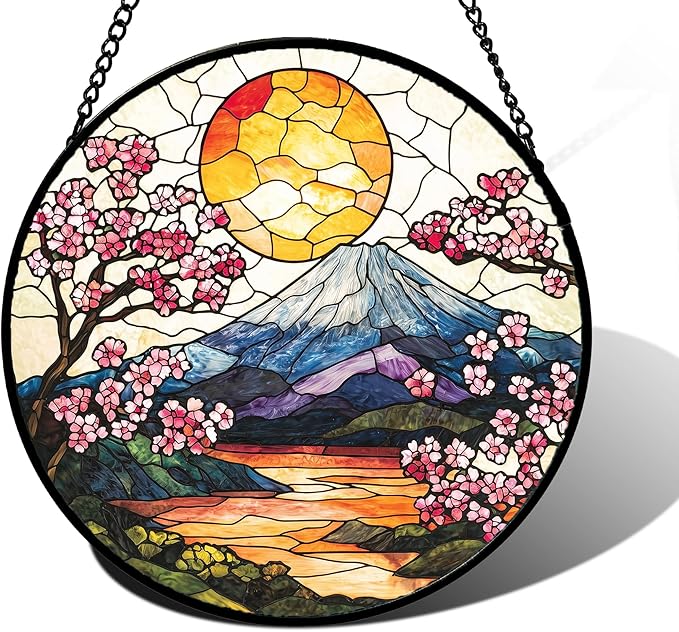 DASTOLL Stained Glass Window Hanging, Sun Blooming Cherry Blossoms Suncatcher Diamond Glass Panel Sun Catchers Decor for Birthday for Women, Men, Wife, Aunt, and Mom 11.8x11.8 in