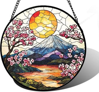 DASTOLL Stained Glass Window Hanging, Sun Blooming Cherry Blossoms Suncatcher Diamond Glass Panel Sun Catchers Decor for Birthday for Women, Men, Wife, Aunt, and Mom 11.8x11.8 in