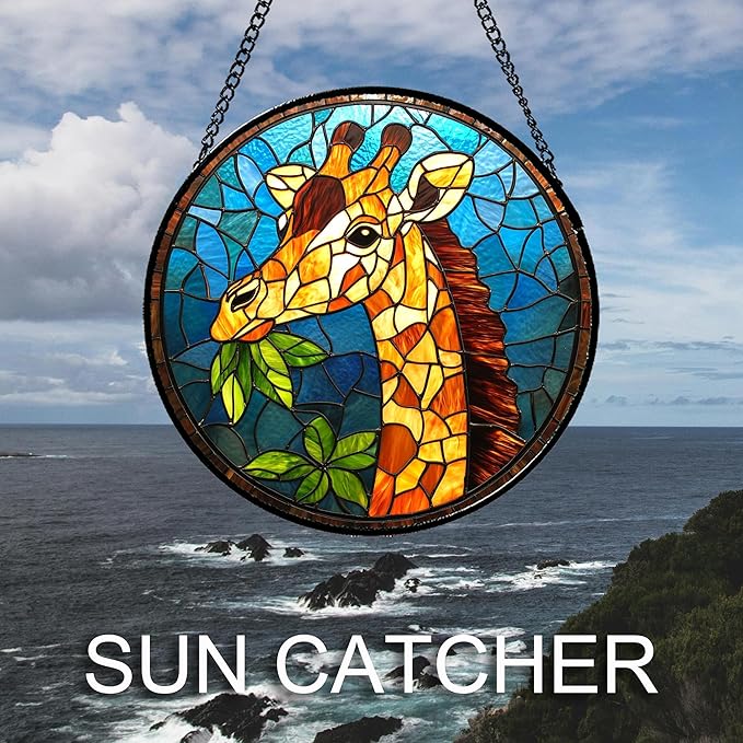Stained Glass Window Hanging Orange Giraffe Blue Green Leaves 6.3" - Suncatcher Door Garden Sunroom Sun Catcher Home Decor Birthday Christmas for Mom Men Woman Nana