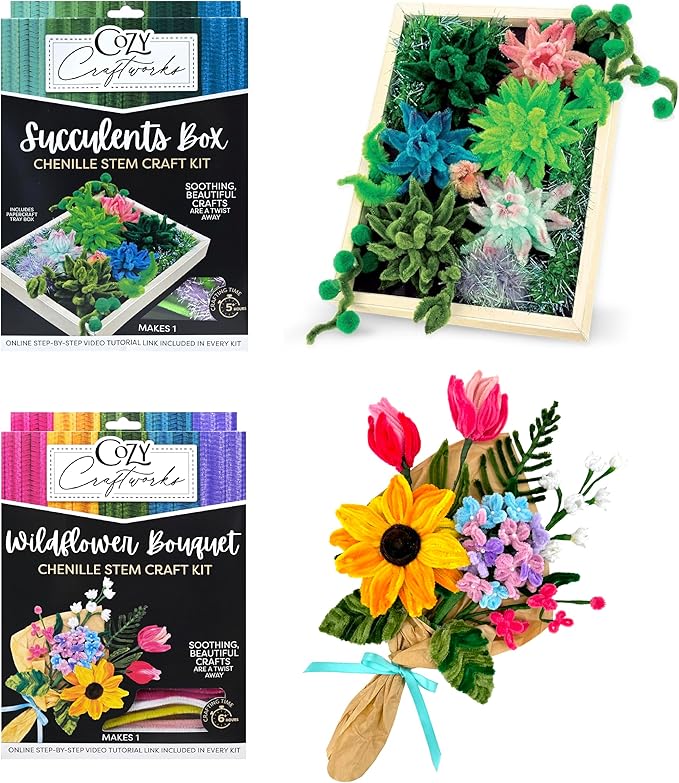WeVeel Cozy Craftworks Chenille Stem Flower & Succulent Craft Kit for Adults – Create a Wildflower Bouquet and Succulent Box Garden – Relaxing DIY Botanical Arts & Crafts Set