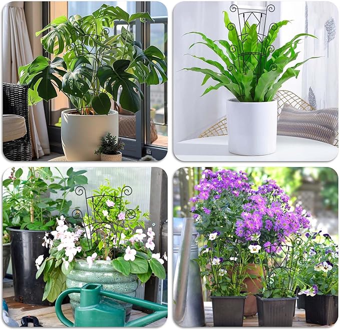 4 Pack Stackable Metal Plant Trellis for Climbing Plants Outdoor/Indoor - Sturdy Garden Trellis for Potted Plants, Vine Support Stakes with Rustproof Design- Decorative Plant Support