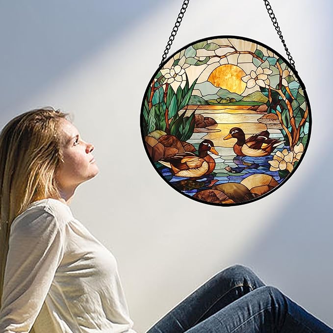 Stained Glass Window Hanging, Ducks in The Pond Sun Catcher for Door Home Decor Landscape Plant Suncatcher Christmas Mother's Day Birthday Gifts for Women Men Mom Nana 9.8 in