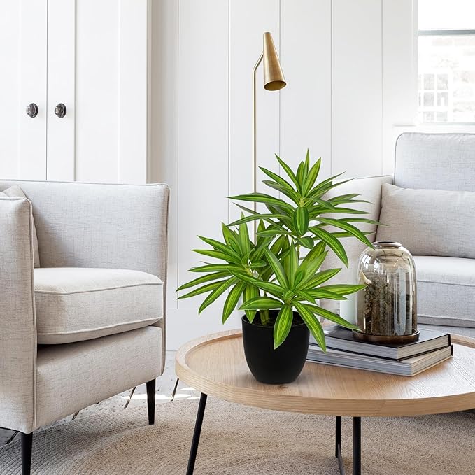 Faux Plants Dracaena Artificial Plant Realistic Green 16.1" Fake Plants in Pot Small Indoor Plants Fake Potted Plants Artificial Decor for Home Living Room Bathroom Office House Table Desk Shelf