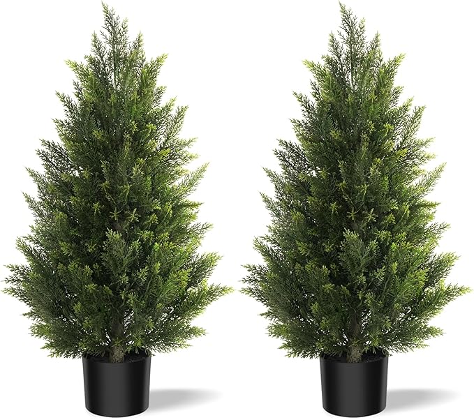 Outdoor Artificial Cedar Topiary Tree, Faux Evergreen Shrubs for Front Porch Decor, Lifelike Fake Bushes Plants for Home Living Room Front Door Decor (2, 3ft)
