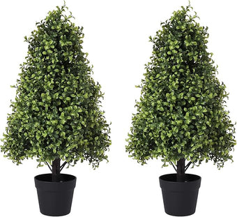 Azoco 30" Artificial Boxwood Topiary Trees Outdoor Set of 2 - UV Resistant Faux Plants for Front Porch Outside Planter, Realistic Fake Cone-Shaped Bushes & Shrubs 2.5ft