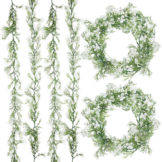 Lyrow 6 Pieces Artificial Baby Breath Flower Vines 5.9ft Faux Hanging Gypsophila Greenery Garland Vines Fake Bulk Baby Breath Garland for Wedding Party Table Home Backdrop Wall Decor (White)