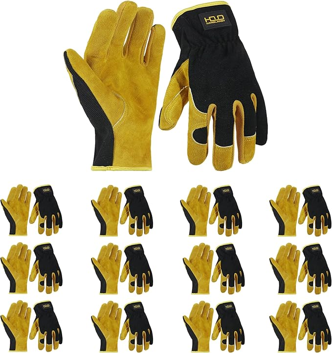 HANDLANDY Men Leather Gardening Gloves, Utility Work Gloves for Mechanics, Construction, Driver