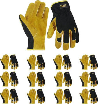 HANDLANDY Men Leather Gardening Gloves, Utility Work Gloves for Mechanics, Construction, Driver
