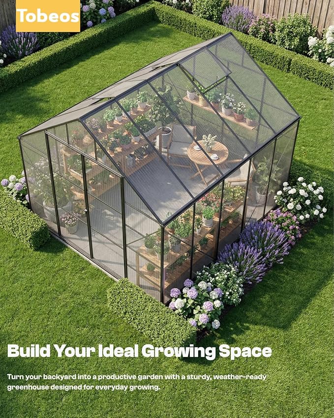 6×12 FT Walk-in Greenhouse Polycarbonate Greenhouse for Outdoors, Heavy Duty Backyard Garden Greenhouse with Aluminum Frame, Clear Panels, Adjustable Roof Vent, Rain Gutter System, Patio