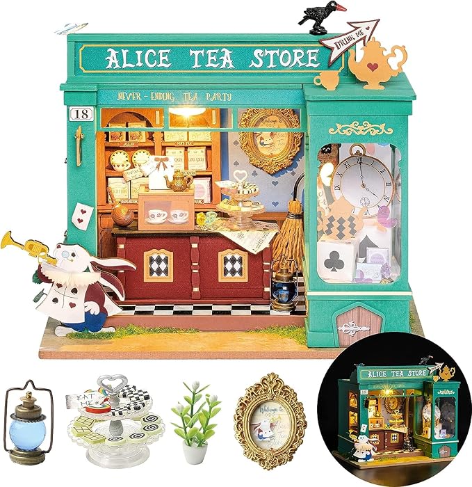 Rolife DIY Miniature House Kit Alice's Tea Store, Tiny House Kit for Adults to Build, Mini House Making Kit with Furniture, Halloween/Christmas Decorations/Gifts for Family Friends (Alice's Tea Store)