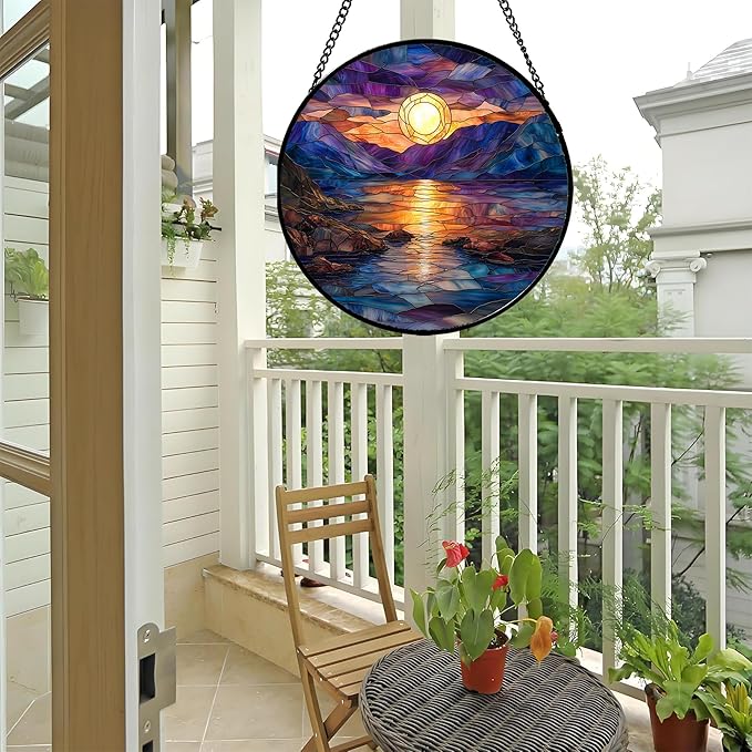 Stained Glass Window Hanging - Blue Purple Lake View Suncatcher for Door Terrace Garden Home Decor Sunset Landscape Sun Catcher Birthday Gifts for Lovers Women Men Dad Mom Nana 6.3 in