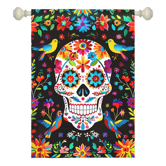Dacawin Day of the Dead Garden Flag Skull Welcome Floral House Banner Mexican Gothic Skeleton Flowers Birds Double-Sided Garden Flags Fiesta Dia DE Los Muertos Burlap Yard Flag 28x40 Inch