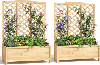 Wooden Raised Garden Bed with Trellis, Freestanding Planter Box with Drainage for Vines Climbing Plants Flowers Herbs, Elevated Gardening Planter for Backyard Balcony Patio