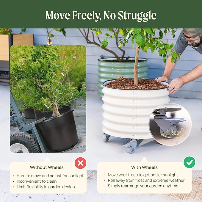 Rolling Metal Citrus Tree Planter Pot, 21″ Round Planter Box for Porch Patio & Backyard, 20 Gallon Large Planter Pot with Wheels for Growing Trees Tomatoes Vegetables and Flowers, Olive Green