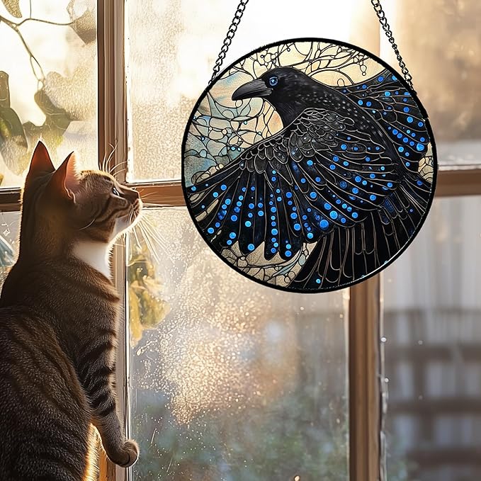 Stained Glass Window Hanging - Black Crow Big Wings Suncatcher for Doors Garden Patio Bird Sun Catchers Decor Christmas Mother's Day Birthday Gifts for Women Men Mom Nana Friend 15 in