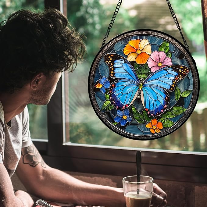HWRHTR Stained Glass Window Hanging, Blue Butterfly Flower Suncatcher for Doors Home Sun Catchers Decoration and Christmas, Mother's Day Birthday Gifts for Women, Men, and Mom 9.8 in