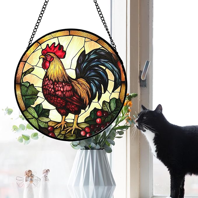 AMDERVEN Stained Glass Window Hanging, Colorful Big Cock Sun Catcher for Window Door Home Decor, Chicken Suncatcher Christmas Mother's Day Birthday Gifts for Women Men Mom and Nana 11.8 in