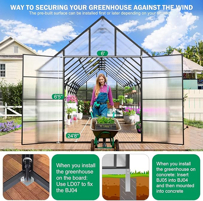 CDCASA 24x10x10 FT Greenhouse for Outdoors, Large Thicker Aluminum Heavy Duty Polycarbonate Greenhouses Kit w/5 Vent Windows, Swing Door, Walk-in Green House for Sunroom Patio,Backyard