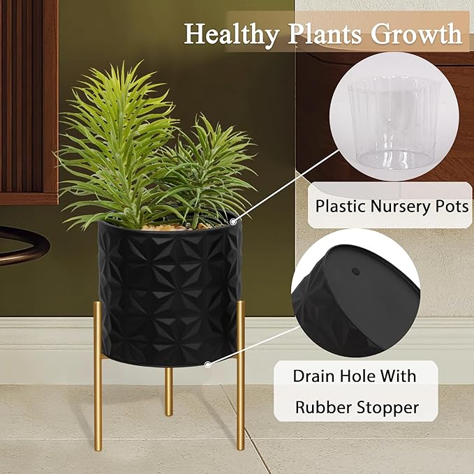 ARNIS Modern Planter Pots, Set of 2 Large Planters with Stand, Decorative Planters, Metal Pots with Drainage Holes for Living Room, Office, Garden or Balcony, 8.25 &10.5 Inch, Matte Black