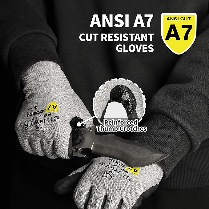 High Level Cut Resistant Work Gloves for High Risk Work, ANSI A7 Cutting Gloves with Reinforced Thumb, Used for WoodWorking, Construction, Non Slip, Durable, Breathable & Cool, S, 1 pair, PR3727