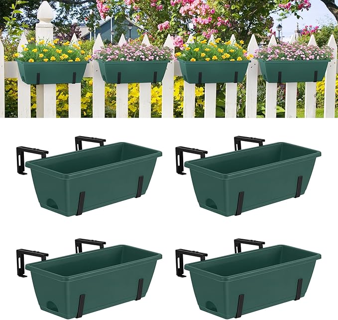 smusei 4 Pack Railing Planter Box Window Boxes Planters, 17'' Rectangular Deck Railing Planter Balcony Hanging Planters with Adjustable Flower Box Brackets for Fence Outdoor Patio Porch