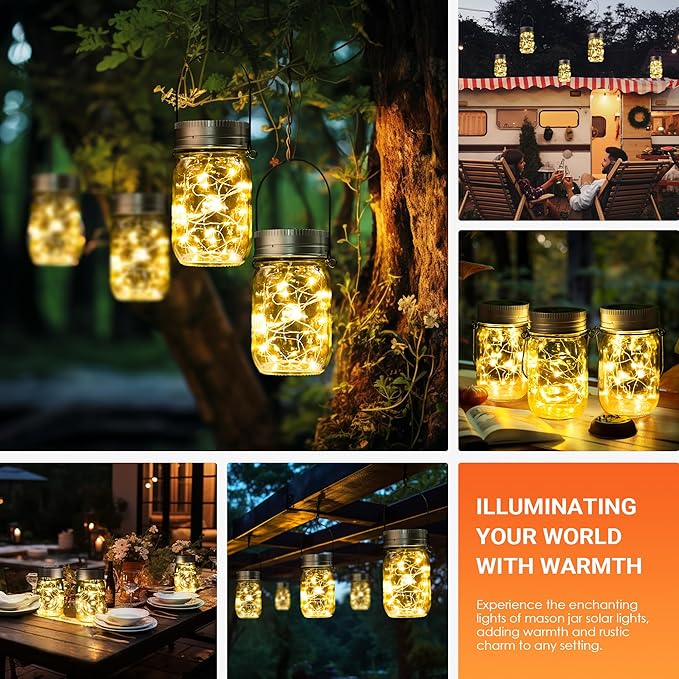 GIGALUMI Solar Mason Jar Lights, 8 Pack 30 Led String Fairy Lights Garden Lights Outdoor Waterproof Hanging Solar Lanterns for Outdoor, Garden, Patio, Lawn, Balcony Decoration