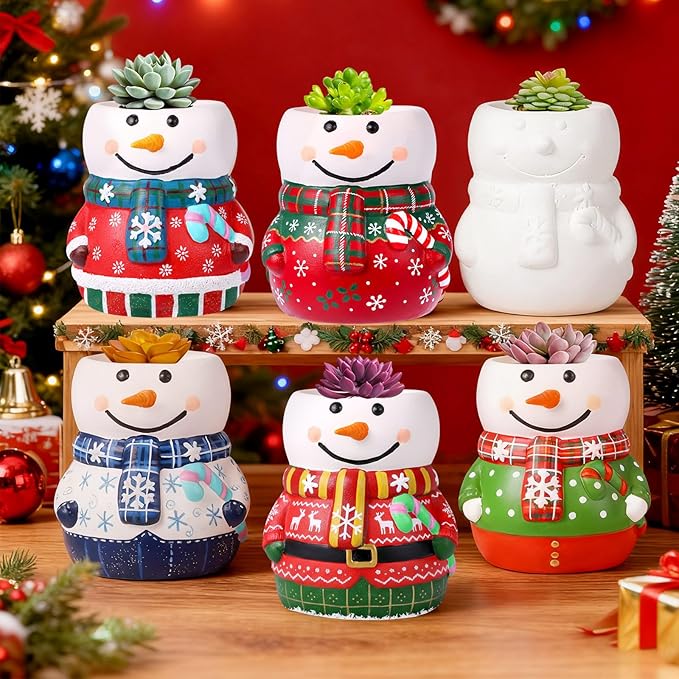 Pasimy 6 Set Ceramics to Paint DIY Ceramic Succulent Planter Pots Paint Your Own Flower Pots Craft Kit Unpainted Bisque Flowerpot with Brush Palette for Family Activity Holiday Gifts(Snowman)