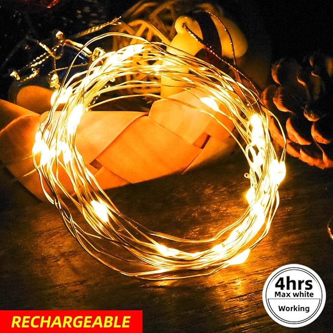 BLUEYE 16FT 100LEDs Rechargeable Fairy Lights,Remote Control,3 Off Timers,Detachable Battery Operated,Tangle-Free Camping String Light,Twinkle for Christmas,Party,Wedding(Cool+Warm White,1Pack)