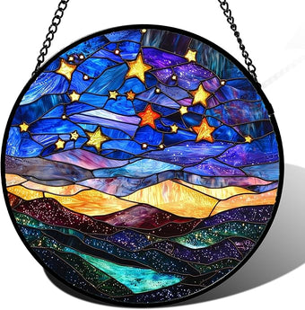 Stained Glass Window Hanging, Blue Sky Gold Stars Abstract Landscape Suncatcher for Doors Window Home Sun Catchers Decor Mother's Day Birthday Gifts for Women, Men Mom 7.8 in